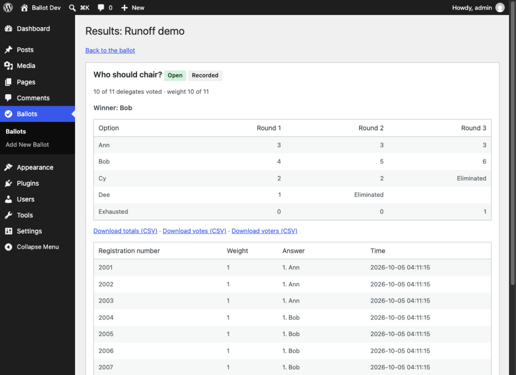 Instant-runoff rounds on the results screen